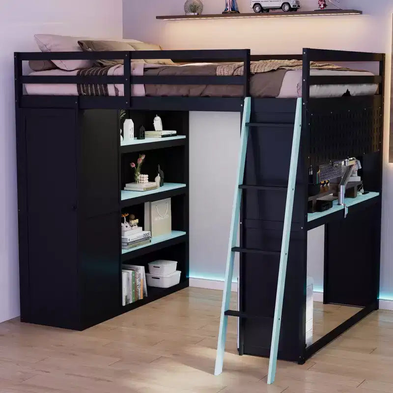 Lit mezzanine gaming pleine grandeur avec bureau et lumières RVB, cadre de lit mezzanine en bois avec armoire de rangement, étagères et rideaux occultants