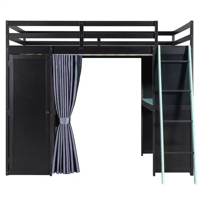 Lit mezzanine gaming pleine grandeur avec bureau et lumières RVB, cadre de lit mezzanine en bois avec armoire de rangement, étagères et rideaux occultants