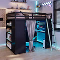 Full Size Gaming Loft Bed with Desk & RGB Lights, Full Wood Loft Bed Frame with Storage Wardrobe, Shelves & Blackout Curtains