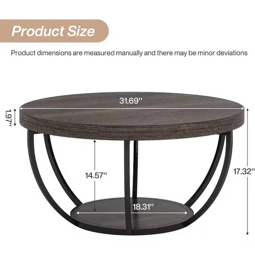 Table basse ronde de 32 pouces, table centrale en bois de style ferme à 2 niveaux avec étagères de rangement ouvertes pour salon