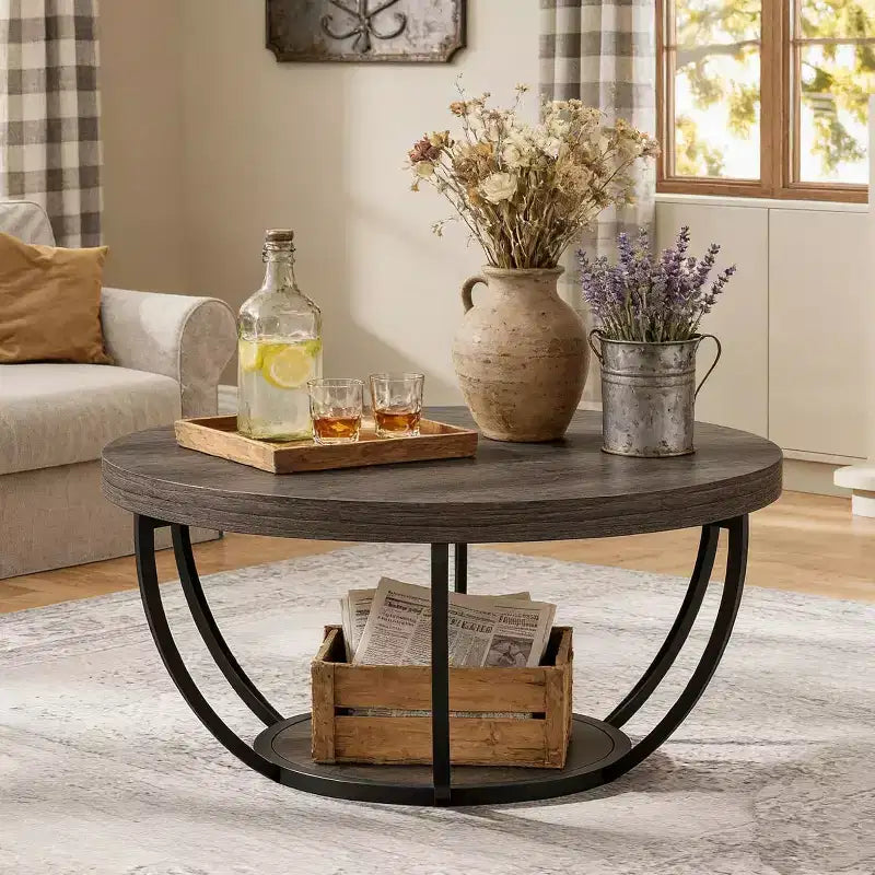 Table basse ronde de 32 pouces, table centrale en bois de style ferme à 2 niveaux avec étagères de rangement ouvertes pour salon