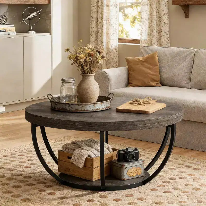 Table basse ronde de 32 pouces, table centrale en bois de style ferme à 2 niveaux avec étagères de rangement ouvertes pour salon