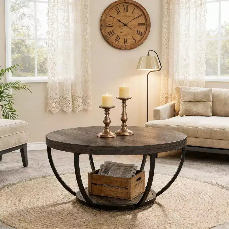 Table basse ronde de 32 pouces, table centrale en bois de style ferme à 2 niveaux avec étagères de rangement ouvertes pour salon