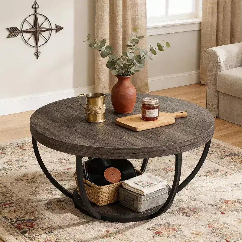 Table basse ronde de 32 pouces, table centrale en bois de style ferme à 2 niveaux avec étagères de rangement ouvertes pour salon