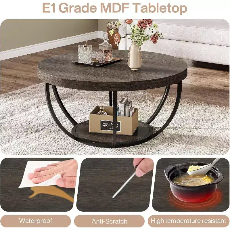 Table basse ronde de 32 pouces, table centrale en bois de style ferme à 2 niveaux avec étagères de rangement ouvertes pour salon