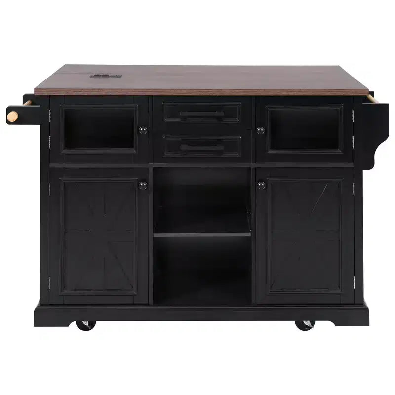sumyeg 54.9 Kitchen Island with Drop Leaf, Power Outlet, Storage Cart with Glass & Barn Doors, 4 Shelves&Wheels (No Stools)