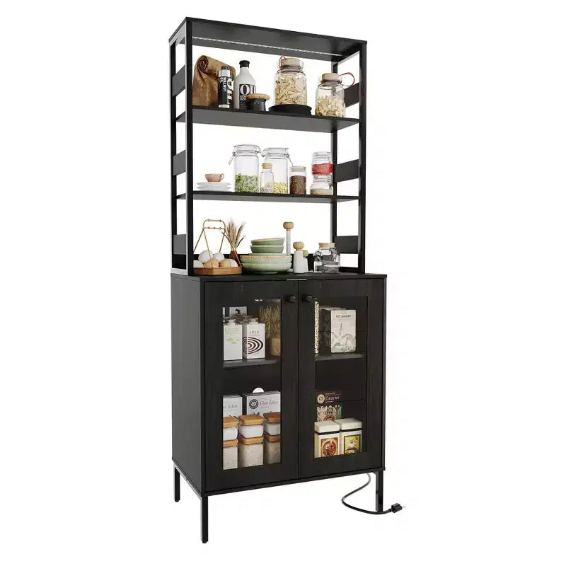 Acekool 66.9 Kitchen Bakers Rack with Power Outlet, Pantry Storage Cabinet with LED Lights, Glass Door Bar Cart for Dining Room, Living Room