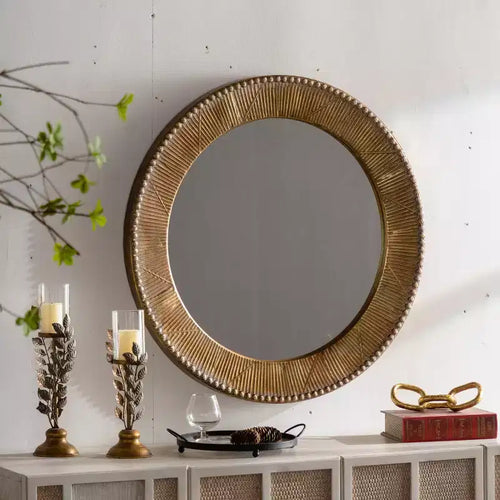 31 Luxury Round Wall Mirror with Textured Frame, Boho Accent Mirror for Living Room, Entryway, or Hallway-Panipeachy