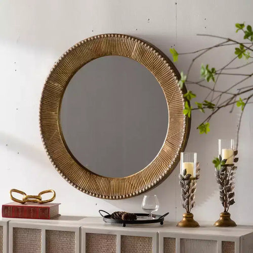 Miroir Mural Rond de Luxe Bohème 31" avec Cadre Texturé Doré — Salon, Entrée & Couloir