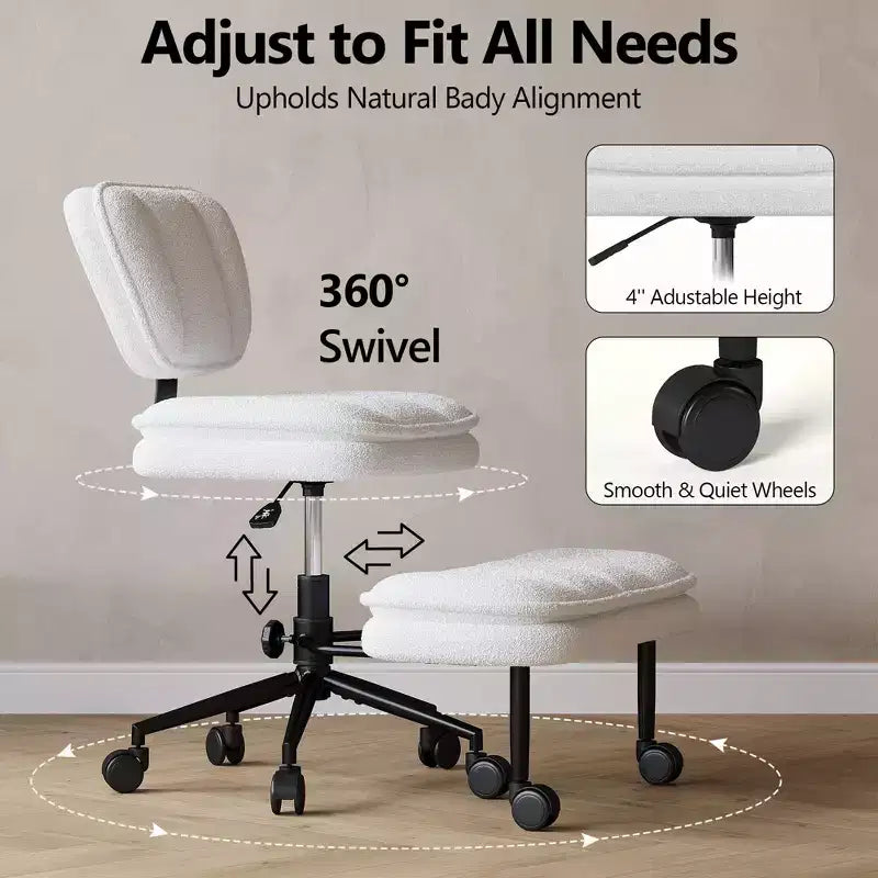 Cross-Legged Swivel Office Chair with Ottoman — Wide Seat Meditation Chair for Home Office & Vanity