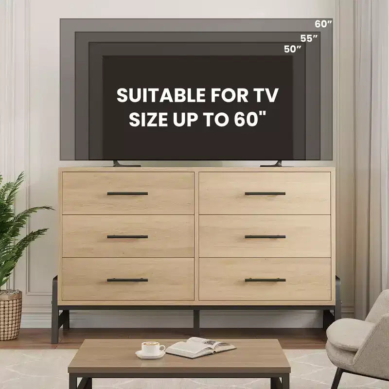 52" Wide 6-Drawer Wooden Dresser with Leg Design — Freestanding Storage Chest
