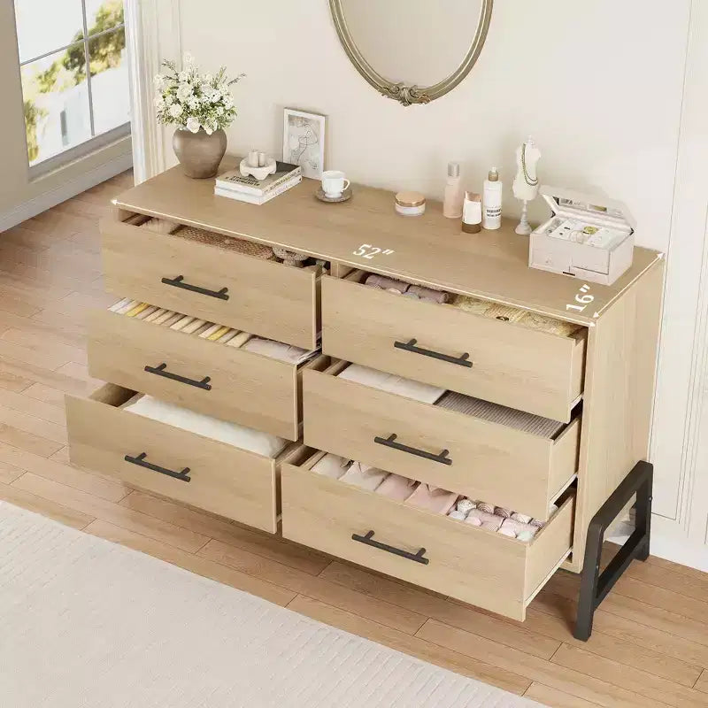 52" Wide 6-Drawer Wooden Dresser with Leg Design — Freestanding Storage Chest