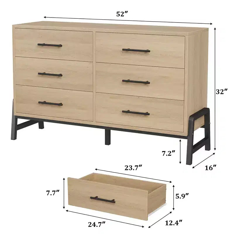 52" Wide 6-Drawer Wooden Dresser with Leg Design — Freestanding Storage Chest