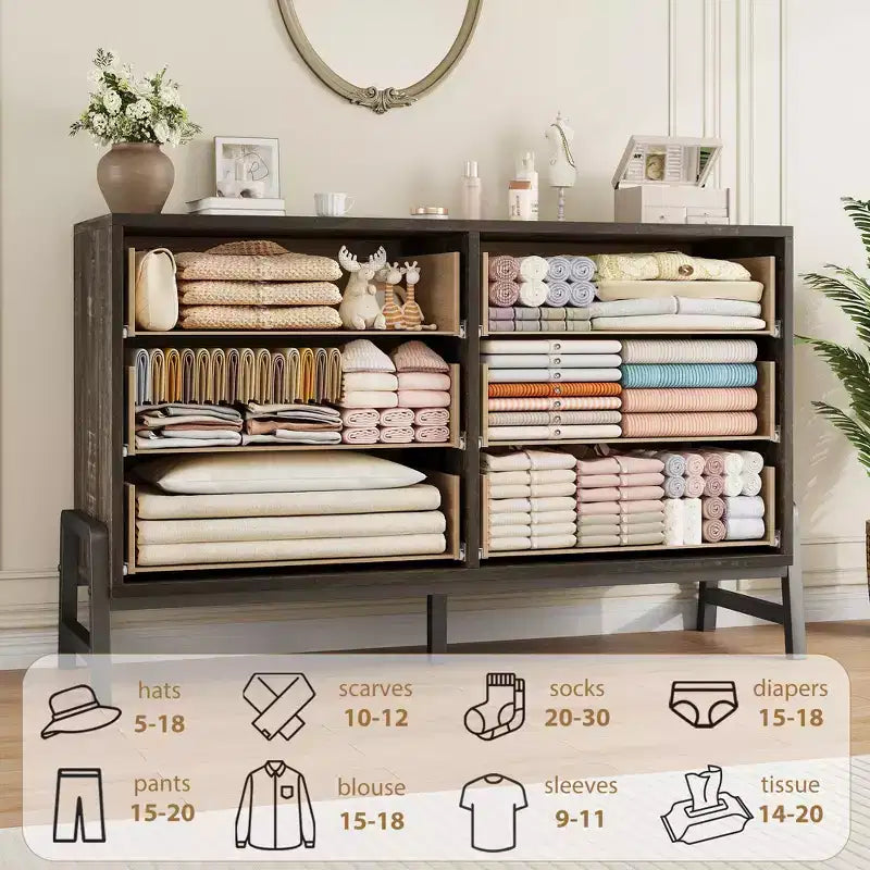 52" Wide 6-Drawer Wooden Dresser with Leg Design — Freestanding Storage Chest