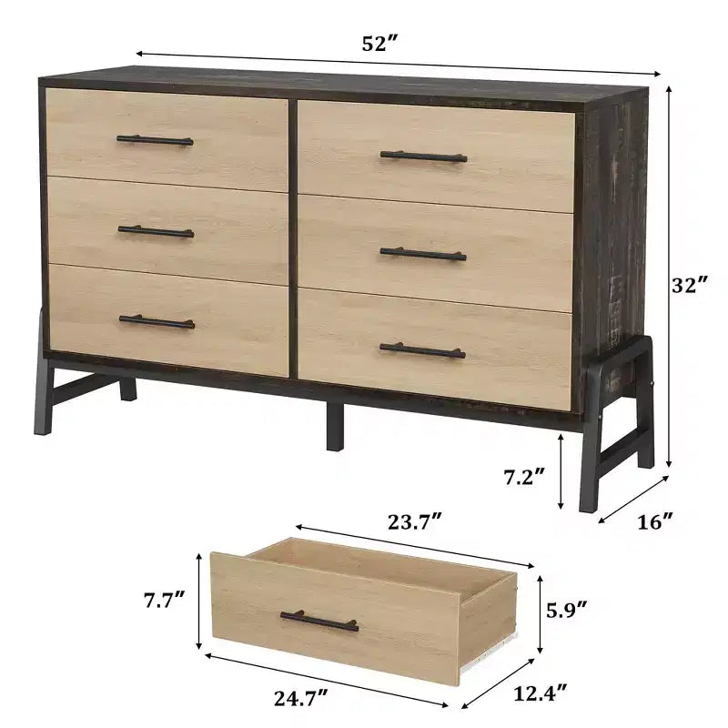 52" Wide 6-Drawer Wooden Dresser with Leg Design — Freestanding Storage Chest