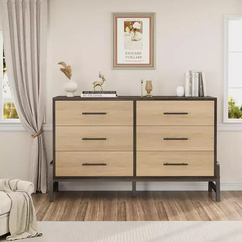 52" Wide 6-Drawer Wooden Dresser with Leg Design — Freestanding Storage Chest