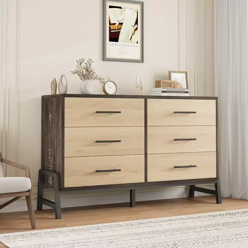 52" Wide 6-Drawer Wooden Dresser with Leg Design — Freestanding Storage Chest