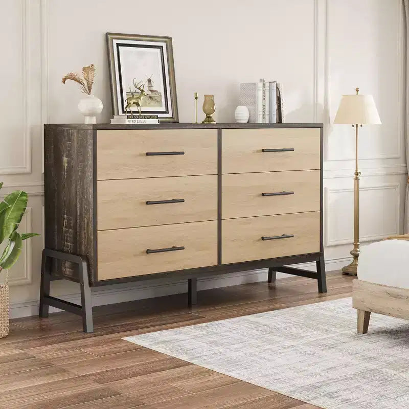 52" Wide 6-Drawer Wooden Dresser with Leg Design — Freestanding Storage Chest