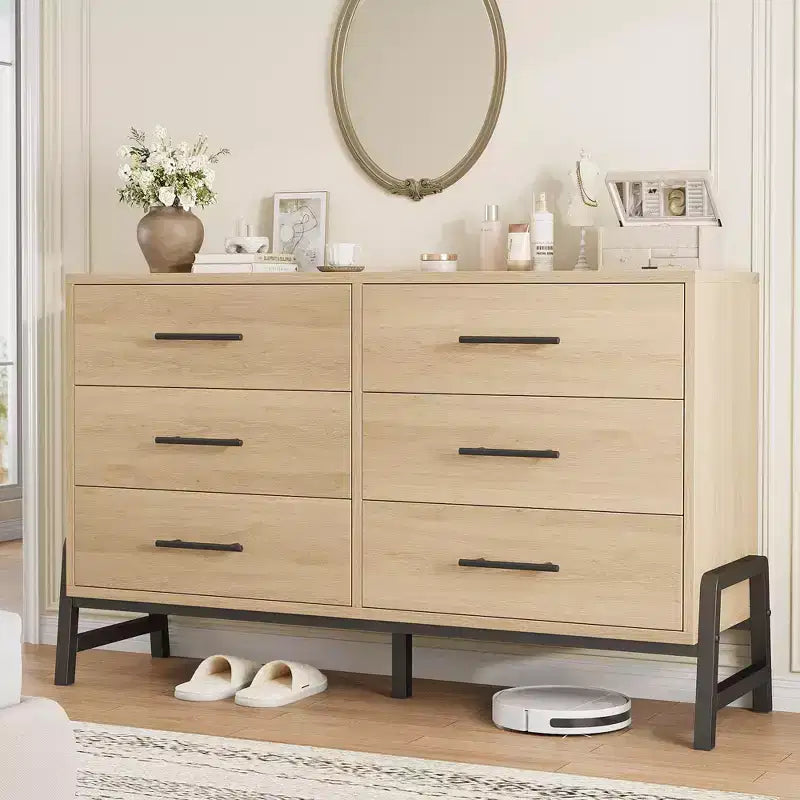 52" Wide 6-Drawer Wooden Dresser with Leg Design — Freestanding Storage Chest