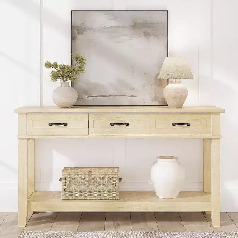 54 Farmhouse Console Table with 3 Drawers & Shelves  Entryway, Sofa, Living Room Storage Table