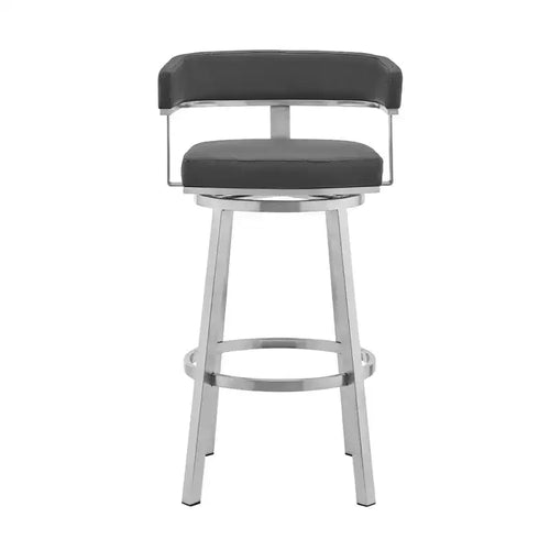 HomeRoots 26 Gray And Silver Faux Leather And Iron Swivel Low Back Counter Height Bar Chair