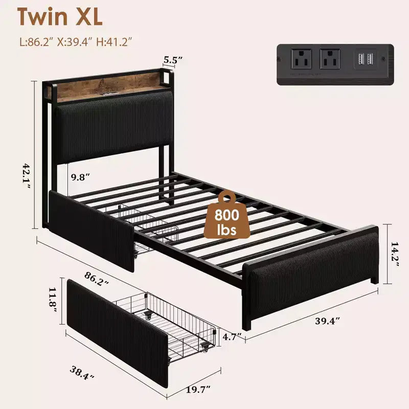 Twin XL Platform Bed with Storage Headboard, 2 Drawers & USB Ports — Upholstered Corduroy
