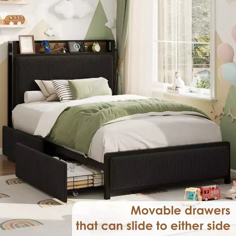 Twin XL Platform Bed with Storage Headboard, 2 Drawers & USB Ports — Upholstered Corduroy