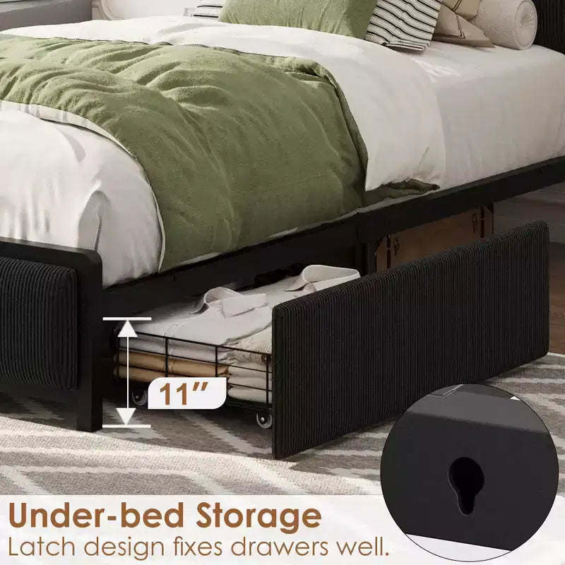 Twin XL Platform Bed with Storage Headboard, 2 Drawers & USB Ports — Upholstered Corduroy