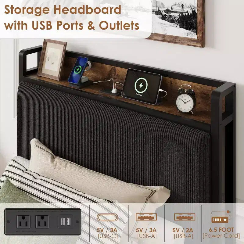 Twin XL Platform Bed with Storage Headboard, 2 Drawers & USB Ports — Upholstered Corduroy