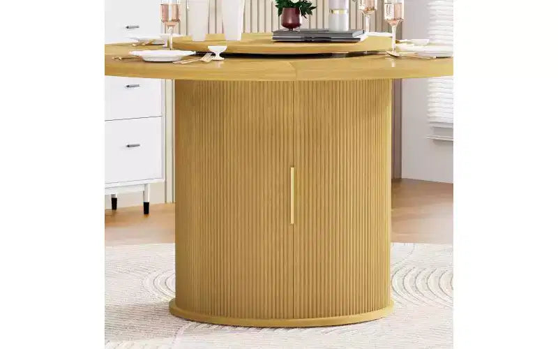 55" Round Dining Table for 6 with Double-Tier Storage Rack & Rotating Tabletop Tray — Natural Wood