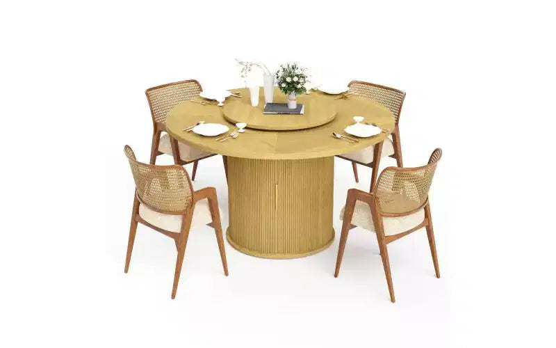 55" Round Dining Table for 6 with Double-Tier Storage Rack & Rotating Tabletop Tray — Natural Wood