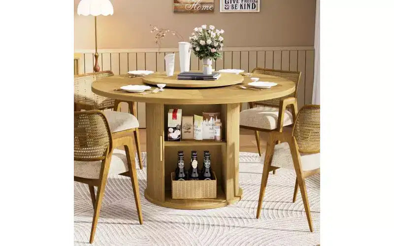 55" Round Dining Table for 6 with Double-Tier Storage Rack & Rotating Tabletop Tray — Natural Wood