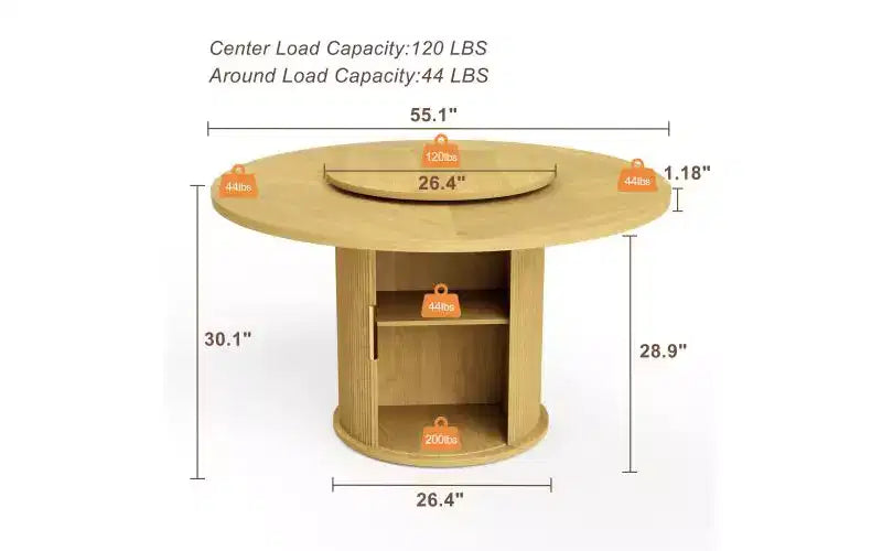 55" Round Dining Table for 6 with Double-Tier Storage Rack & Rotating Tabletop Tray — Natural Wood