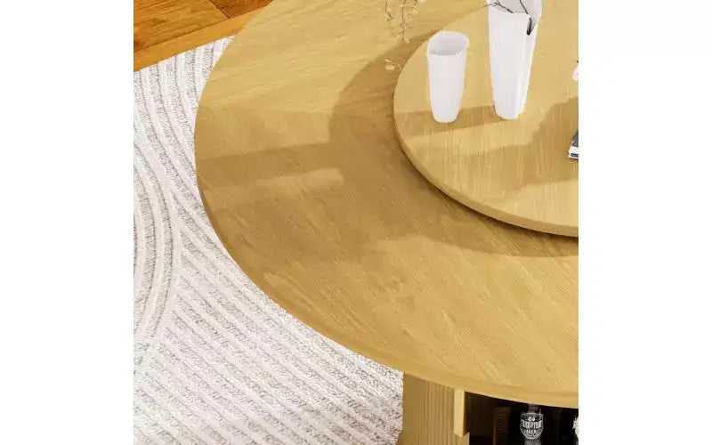 55" Round Dining Table for 6 with Double-Tier Storage Rack & Rotating Tabletop Tray — Natural Wood