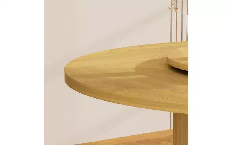 55" Round Dining Table for 6 with Double-Tier Storage Rack & Rotating Tabletop Tray — Natural Wood
