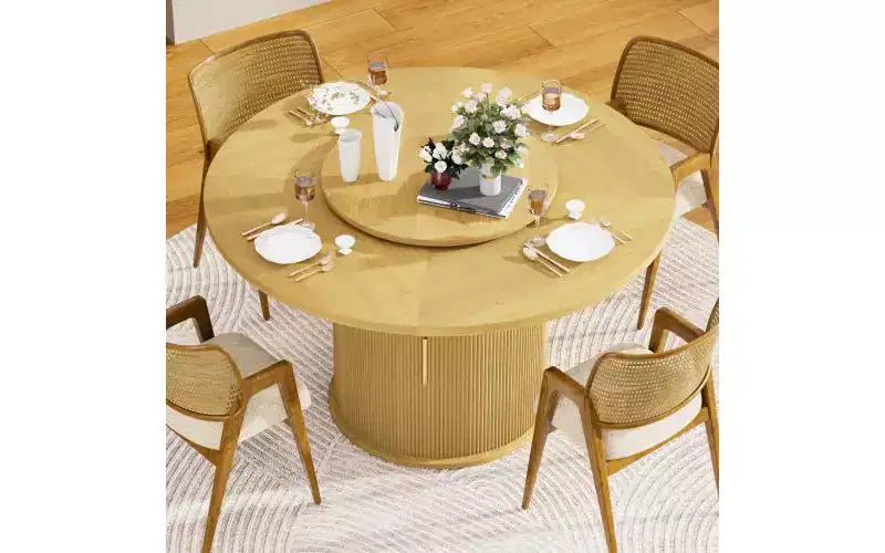 55" Round Dining Table for 6 with Double-Tier Storage Rack & Rotating Tabletop Tray — Natural Wood