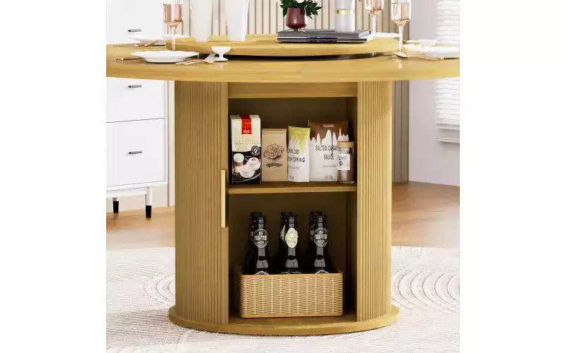 55" Round Dining Table for 6 with Double-Tier Storage Rack & Rotating Tabletop Tray — Natural Wood