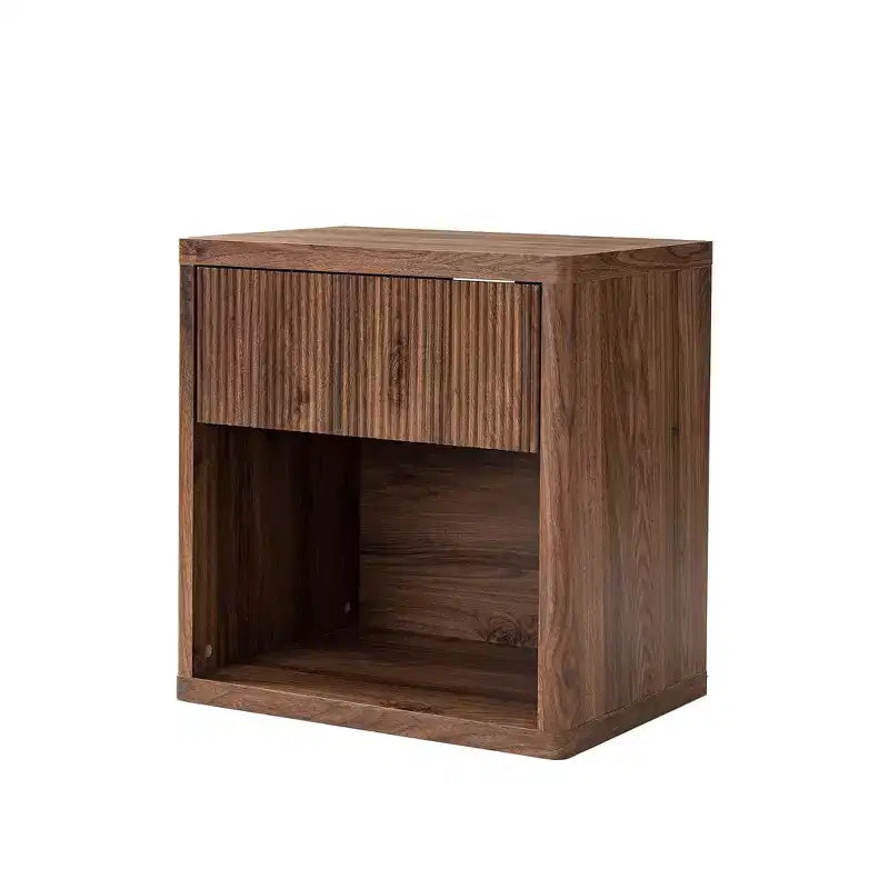 Large Modern Nightstand with Drawer & Open Compartment — Walnut, Recessed Bedside Table