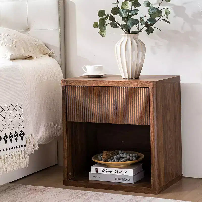 Large Modern Nightstand with Drawer & Open Compartment — Walnut, Recessed Bedside Table