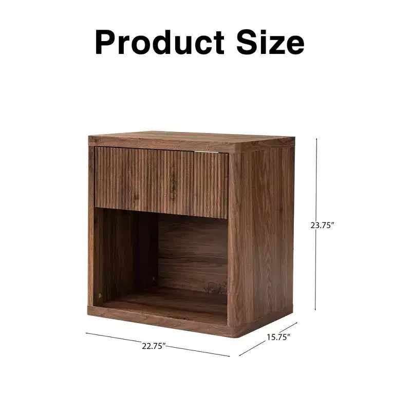 Large Modern Nightstand with Drawer & Open Compartment — Walnut, Recessed Bedside Table
