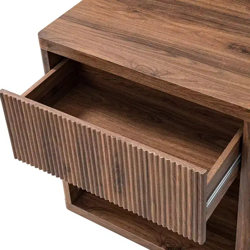 Large Modern Nightstand with Drawer & Open Compartment — Walnut, Recessed Bedside Table
