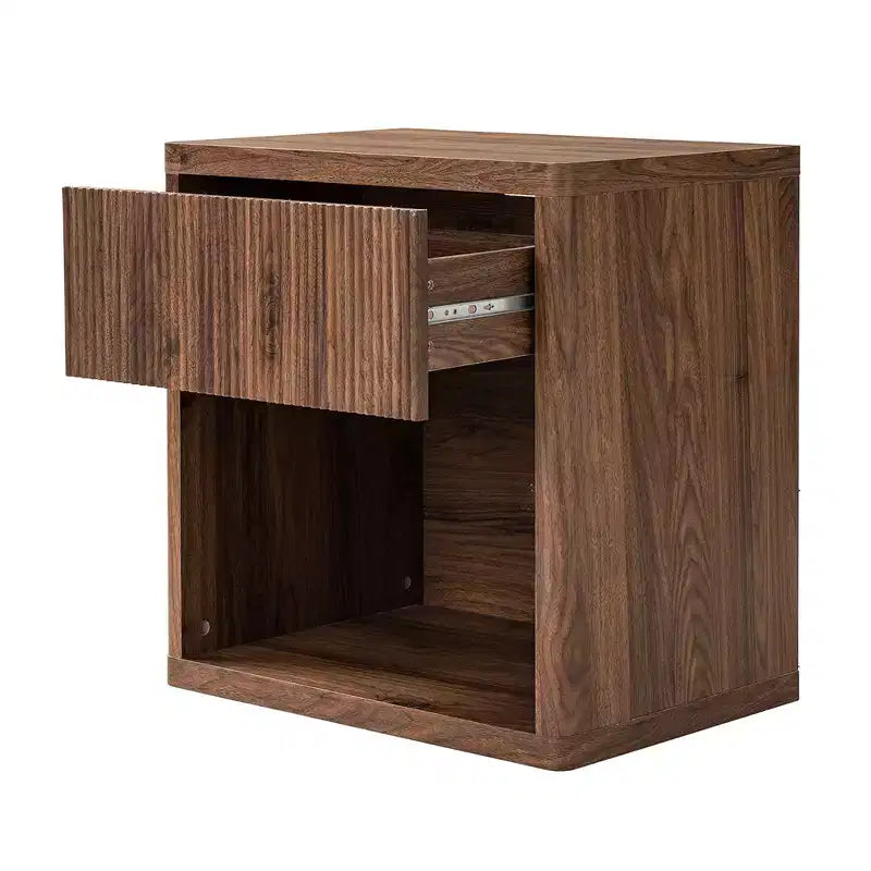 Large Modern Nightstand with Drawer & Open Compartment — Walnut, Recessed Bedside Table