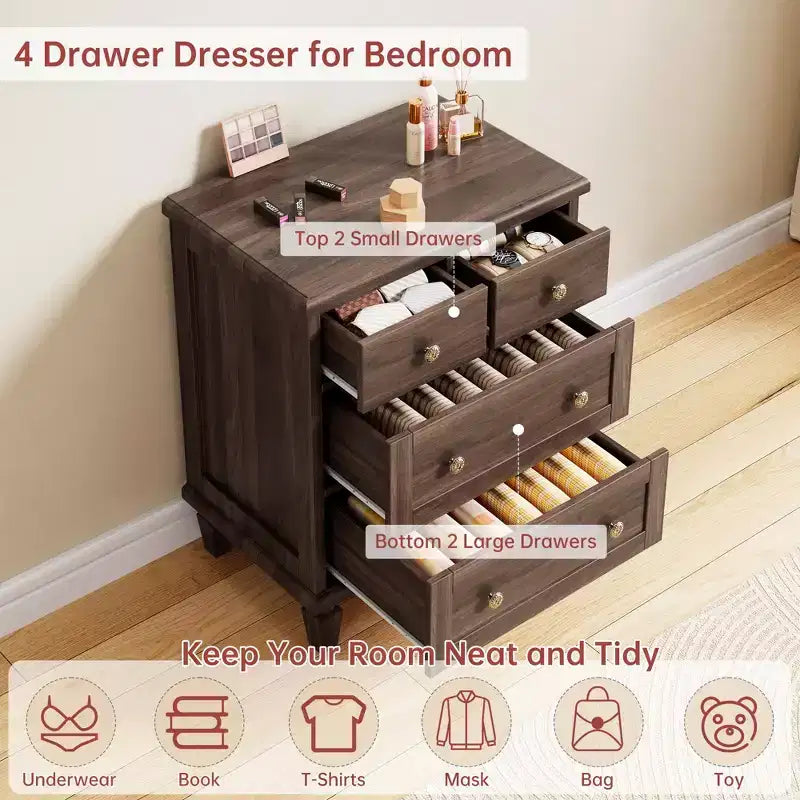 4-Drawer Vintage Wooden Dresser with Carved Handles & Tapered Legs, Spacious Storage Chest of Drawers for Bedroom, Living Room & Entryway
