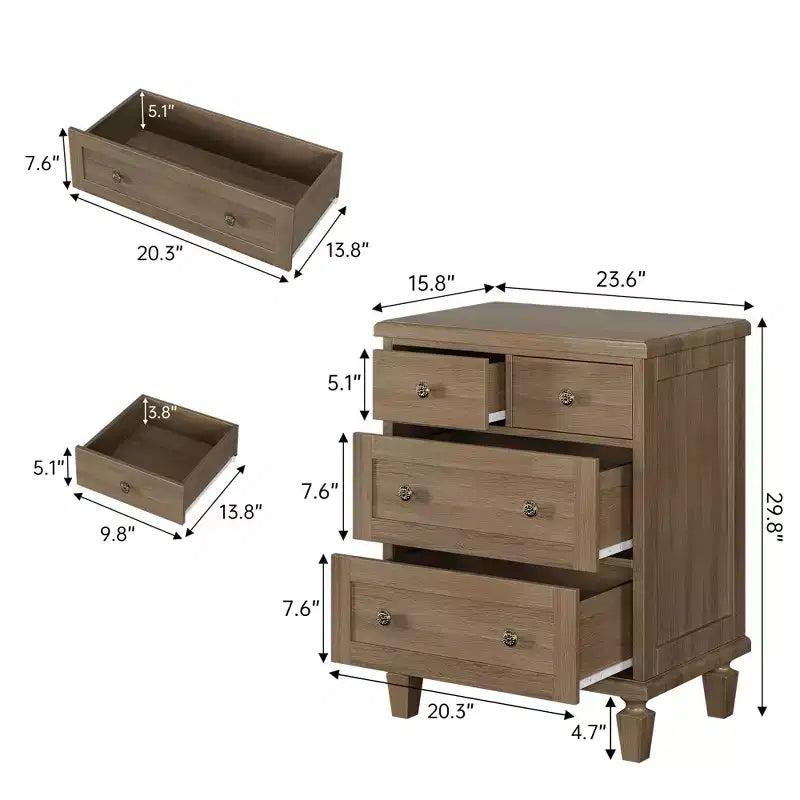 4-Drawer Vintage Wooden Dresser with Carved Handles & Tapered Legs, Spacious Storage Chest of Drawers for Bedroom, Living Room & Entryway