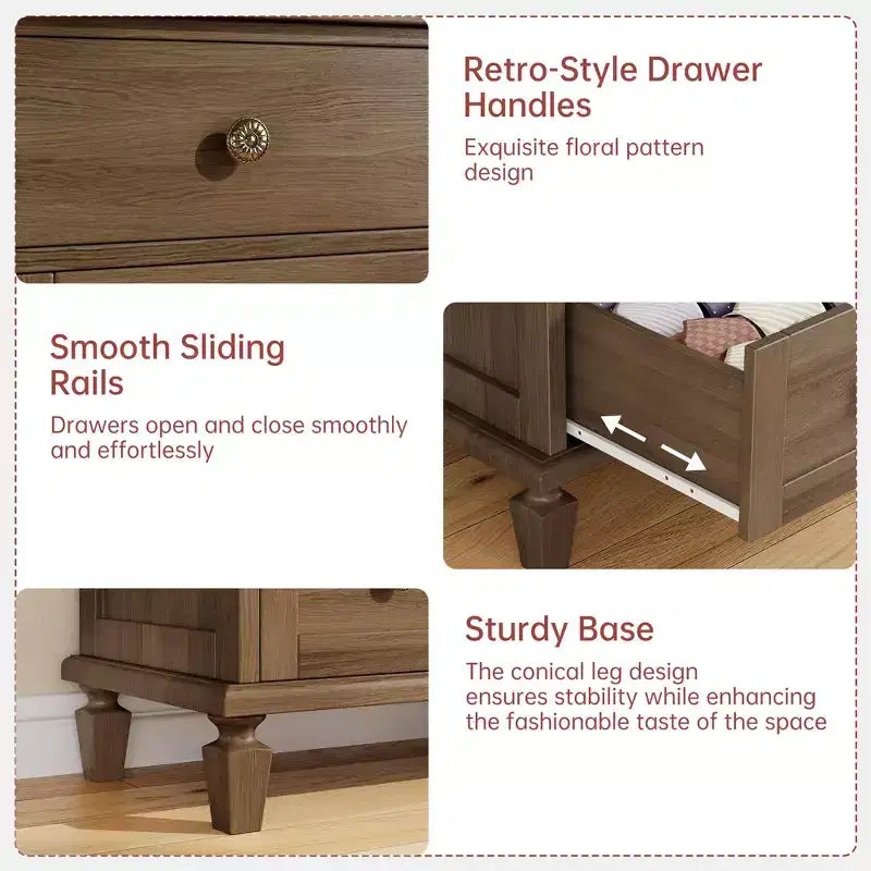 4-Drawer Vintage Wooden Dresser with Carved Handles & Tapered Legs, Spacious Storage Chest of Drawers for Bedroom, Living Room & Entryway