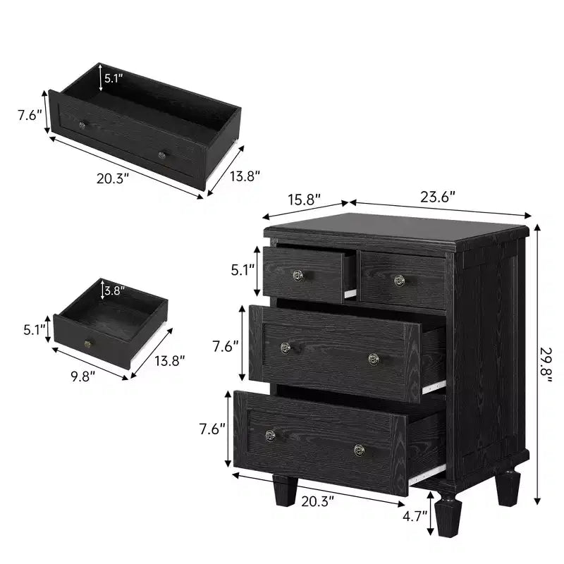 4-Drawer Vintage Wooden Dresser with Carved Handles & Tapered Legs, Spacious Storage Chest of Drawers for Bedroom, Living Room & Entryway