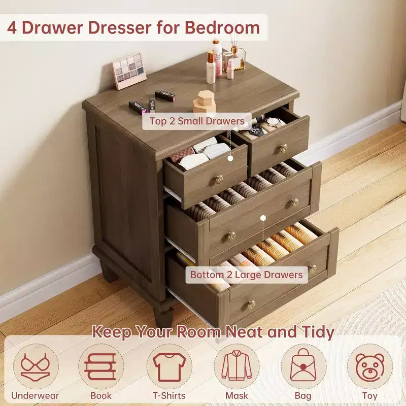 4-Drawer Vintage Wooden Dresser with Carved Handles & Tapered Legs, Spacious Storage Chest of Drawers for Bedroom, Living Room & Entryway