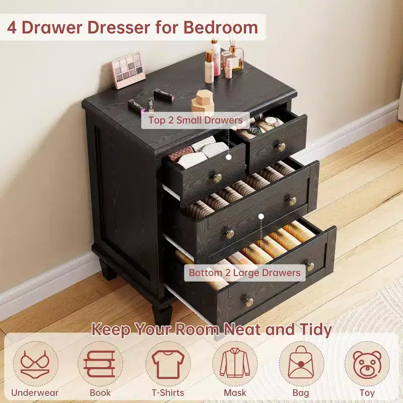 4-Drawer Vintage Wooden Dresser with Carved Handles & Tapered Legs, Spacious Storage Chest of Drawers for Bedroom, Living Room & Entryway