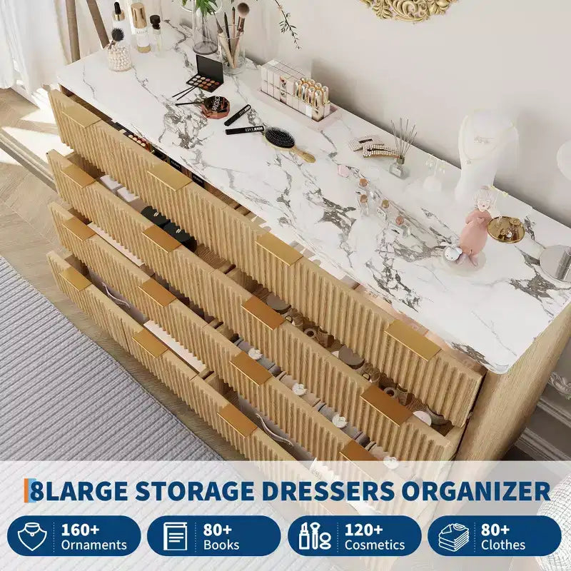 54" Wide Fluted 8-Drawer Modern Wood Chest of Drawers — Closet Organizer & TV Stand
