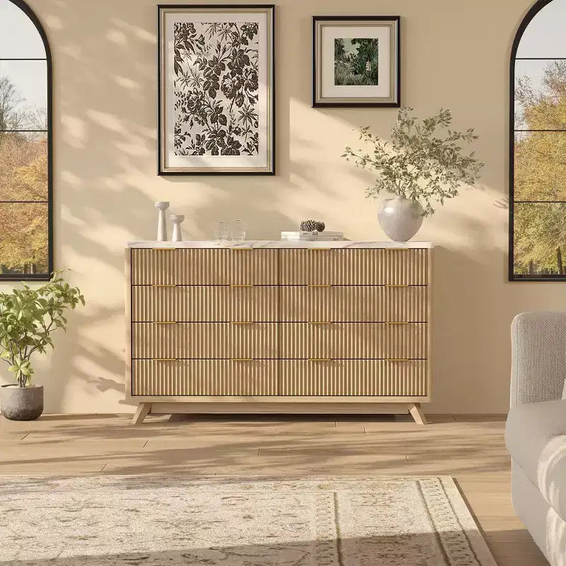54" Wide Fluted 8-Drawer Modern Wood Chest of Drawers — Closet Organizer & TV Stand